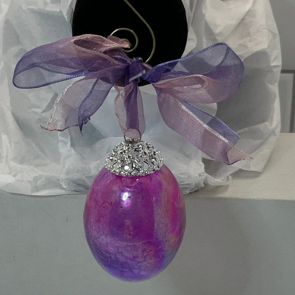 Artisan Purple Pink Glass Egg Ornament with Silver Filigree Cap and Ribbon Bow‎